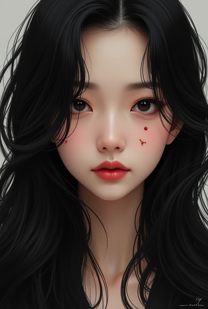 An Asian woman with , with long black hair, eyes black, extremely striking look, with a freckle on his cheek, with a mole on the chin near the mouth, with a mole on the nose near the eye, drawn mouth, fleshy and pink, small and slightly round nose