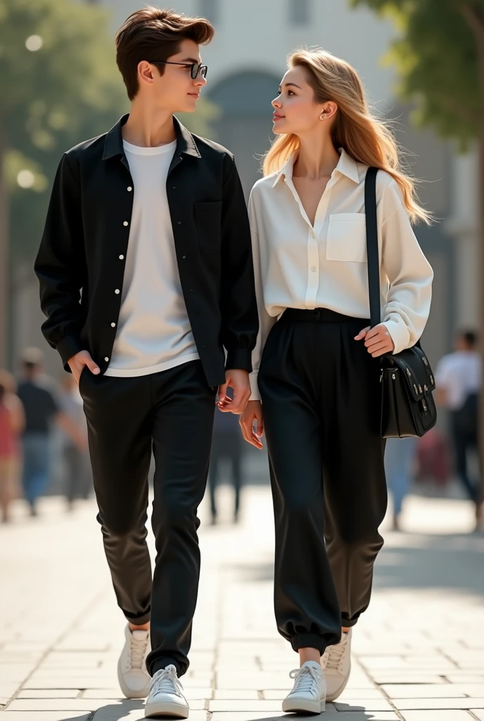 A age boy wearing a black shirt like a jacket, black trousers, white shoes, brown hair, no beard, glasses, carrying a black bag and he is with his girlfriend who is wearing a white shirt, black trousers, blonde hair, white shoes. The guy's name is Hanif and the girl's name is Sabila.
