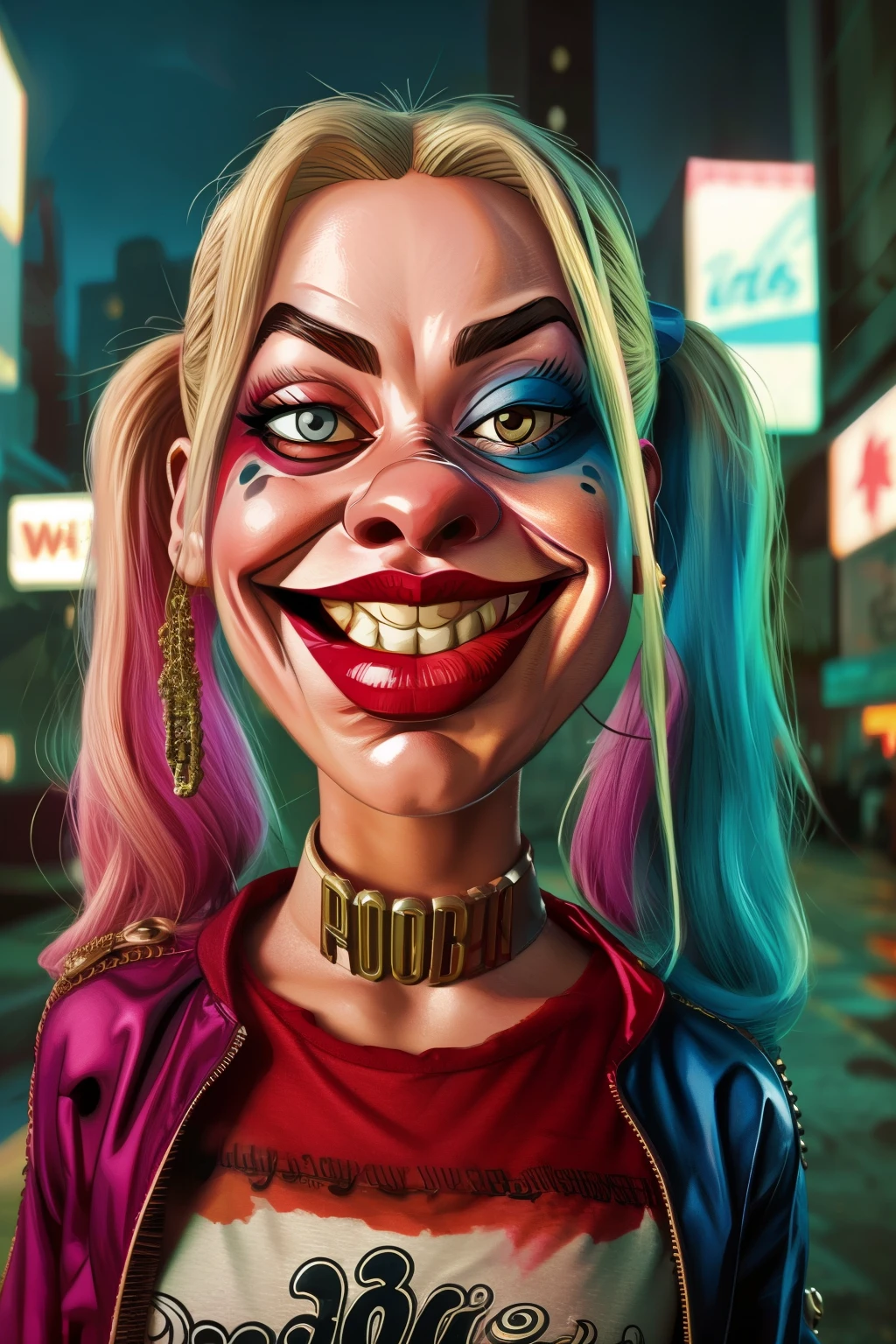 A (((caricature art, comic style ))) of Harley Quinn  in dynamic pose, big head, exaggerated features with a large nose and big Red eyes, angry face, big head, little  Hot body. ultra highly detailed, beautiful details, vivid, saturated colors, filigree detailed, tiny details, pop surrealism, cowboy shot. ((Blast cyberpunk city background )) 