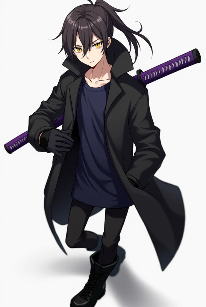 Create an anime-style male character with short black hair covering his left eye a little, a big ponytail, big yellow eyes, Men&#39;s black windbreaker jacket with dark blue shirt, black gloves, black pants with men&#39;s black boots, with a purple-handled katana on his back.