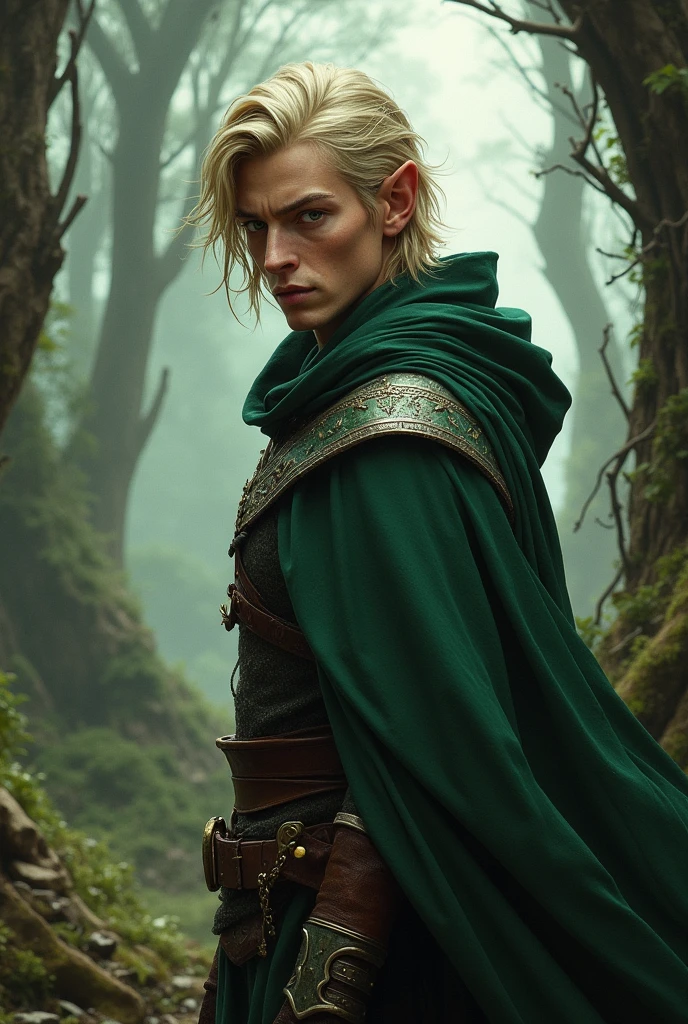 male semi elf, blonde, burn scar on his left side of the face wearing a cloak