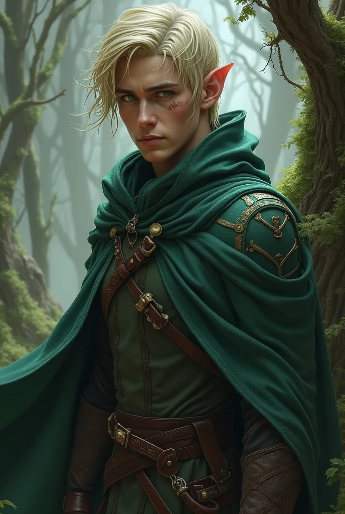 male semi elf, blonde, burn scar on his left side of the face wearing a cloak