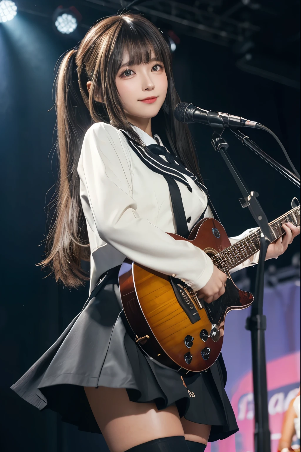 High school girl blazer、uniform、Red checked knee-length skirt、Long skirt、JK Style、Jacket、smile、Knee-high socks、Thigh-high socks、pantyhose、Extremely beautiful、Super cute、ennui、Rare Beauty、Dark black eyeshadow、sad、Skin radiance、Long Hair Straight Hair、Dark Gothic Makeup、Dark Smile、Fragrant beauty、Stained glass background、masterpiece、Highest quality、See 5 books、Sweat glistening on my chest、Sweat glistening on the face、Small breasts、2、Slightly slim、Mysterious look、Sad look、Mysterious Gothic Church、enchanting castle、Excessive sweating all over the body、Thighsに大量の汗と光、光沢のあるThighs、Thighs、Thighsに大量の汗が光る、sweat profusely、Gal、Small breasts、Japanese face、Captivating look、細いThighs、play the guitar、I have a guitar、Enthusiastic singing、バンドでplay the guitar、Playing guitar chords、Background of the live music venue、Sing a song、Open your mouth、Scenery of a live music venue、Mike stand、Glamorous live stage、Dynamic Angles、Vivid straight long hair、delicate straight hair、