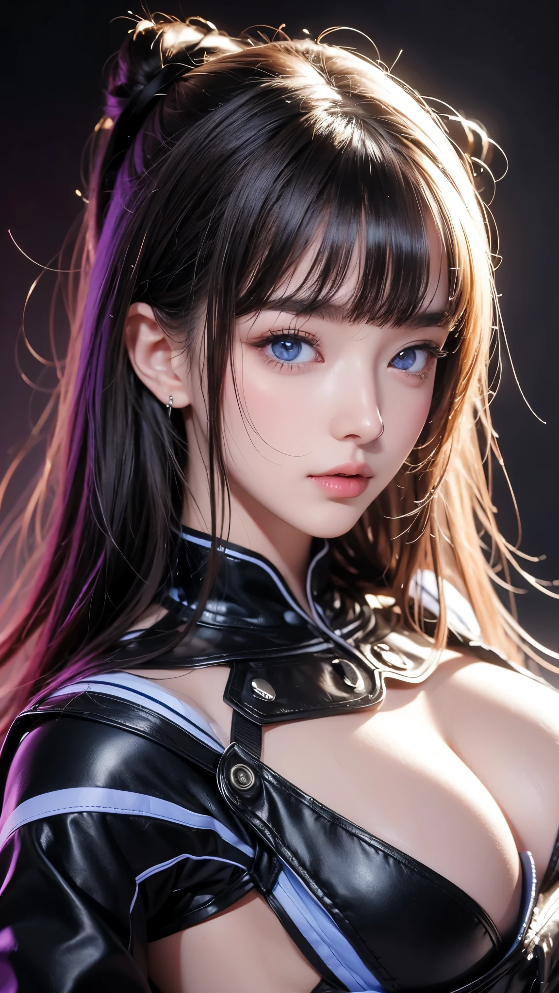 masterpiece, Highest quality, Very detailed, Facing the camera, 複雑に詳細なSuper detailed, Realistic, Sharp features, Very detailed, Sharp focus, Perfect Face, Perfect Face, Perfect symmetrical perfect eyes, Perfect Plump Lips, Flexible female form, Cinematic, Film Light, Super detailed, hyper Realistic, masterpiece, Atmospheric, High resolution, Vibrant, Dynamic Studio Lighting, ((Dark Background)), The expression when receiving pleasure, Straight bangs, blue eyes,Black sweater, Full Body Shot, Big Breasts,zipper