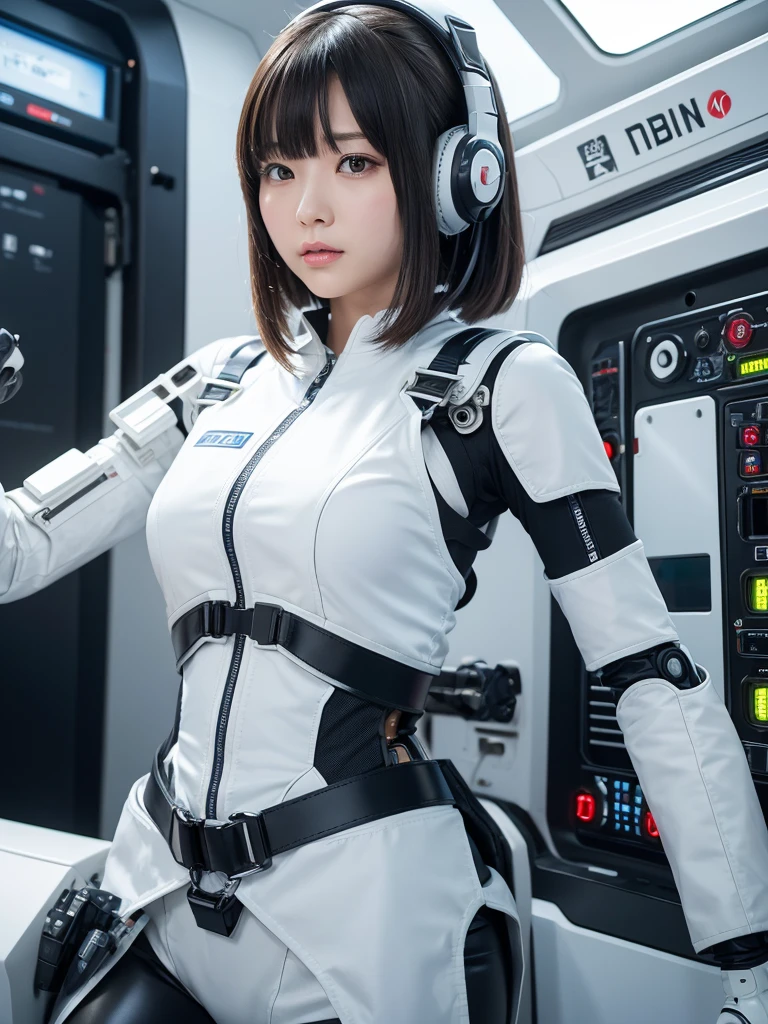 masterpiece, Highest quality, Very detailed,Portraiture, Japanese Android girl,Plump,Slightly thicker,Control panel,robot arms,robot,Android,cyborg,white robot body,Blunt bangs,robot repair plant,The spaceship's cockpit,Harness Belt,headset