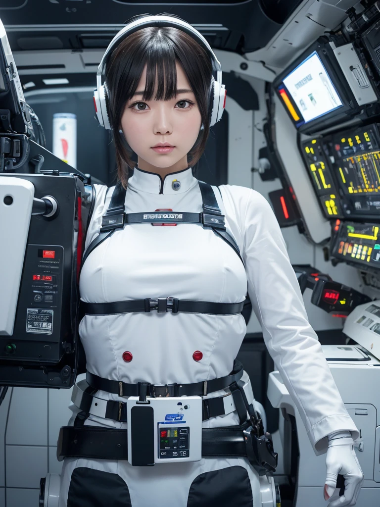 masterpiece, Highest quality, Very detailed,Portraiture, Japanese Android girl,Plump,Slightly thicker,Control panel,robot arms,robot,Android,cyborg,white robot body,Blunt bangs,robot repair plant,The spaceship's cockpit,Harness Belt,headset