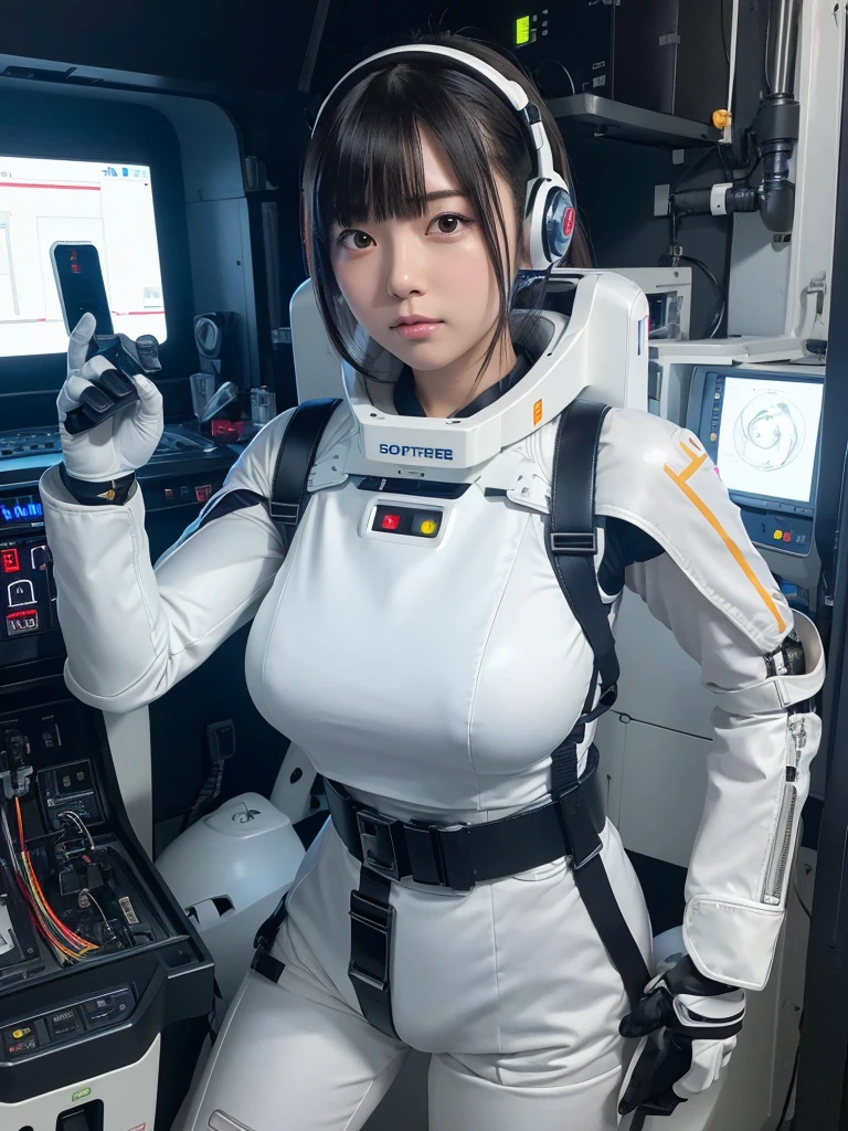 masterpiece, Highest quality, Very detailed,Portraiture, Japanese Android girl,Plump,Slightly thicker,Control panel,robot arms,robot,Android,cyborg,white robot body,Blunt bangs,robot repair plant,The spaceship's cockpit,Harness Belt,headset