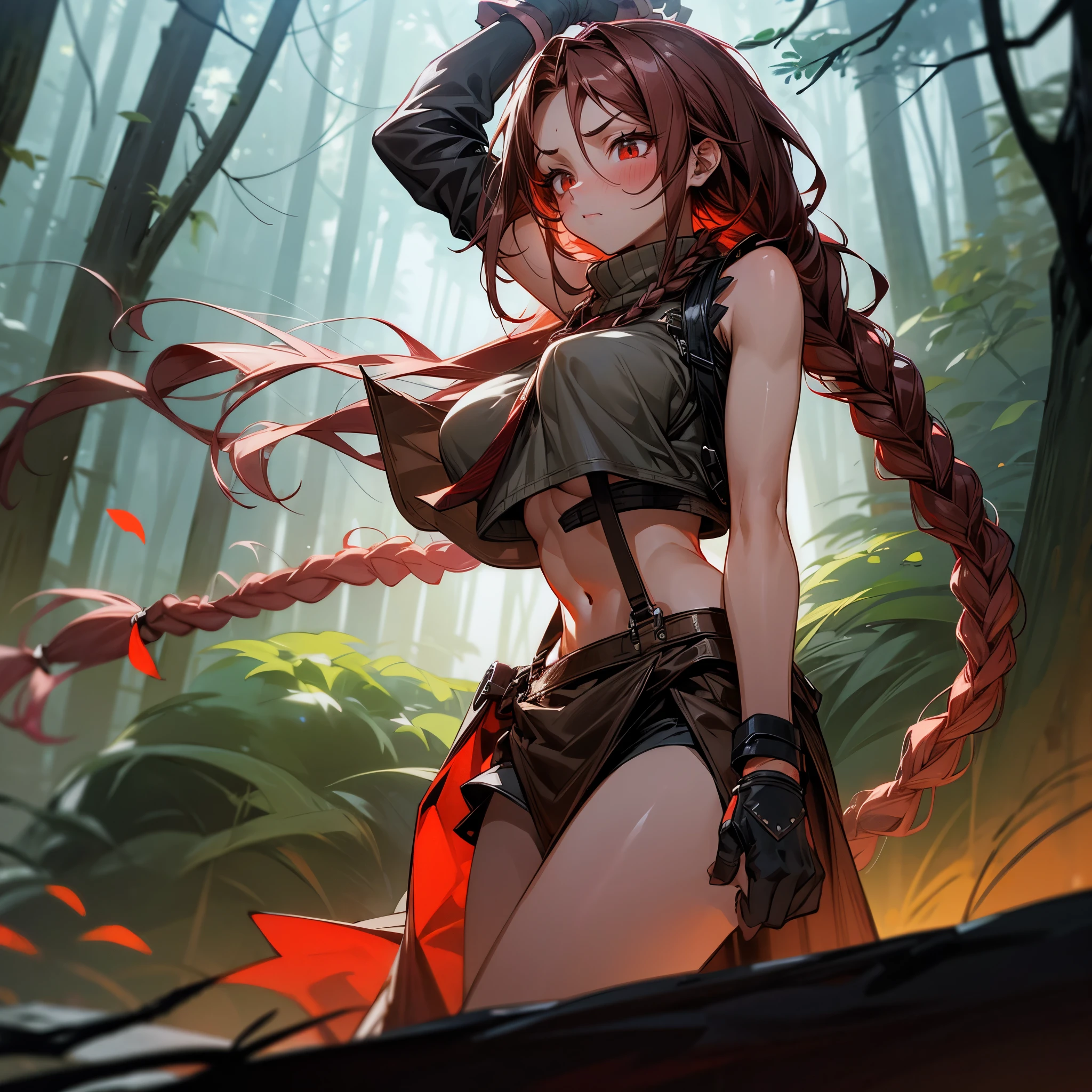 1female, , big , young adult, finely detailed red eyes, wild long hair, braided hair, dark brown color hair, adventurer gear, suspenders, sleeveless crop top sweater, baggy combat skirt, night time, dark forest, somber expression, flowers, blushing, standing on path, lanturns, black armband, mma gloves