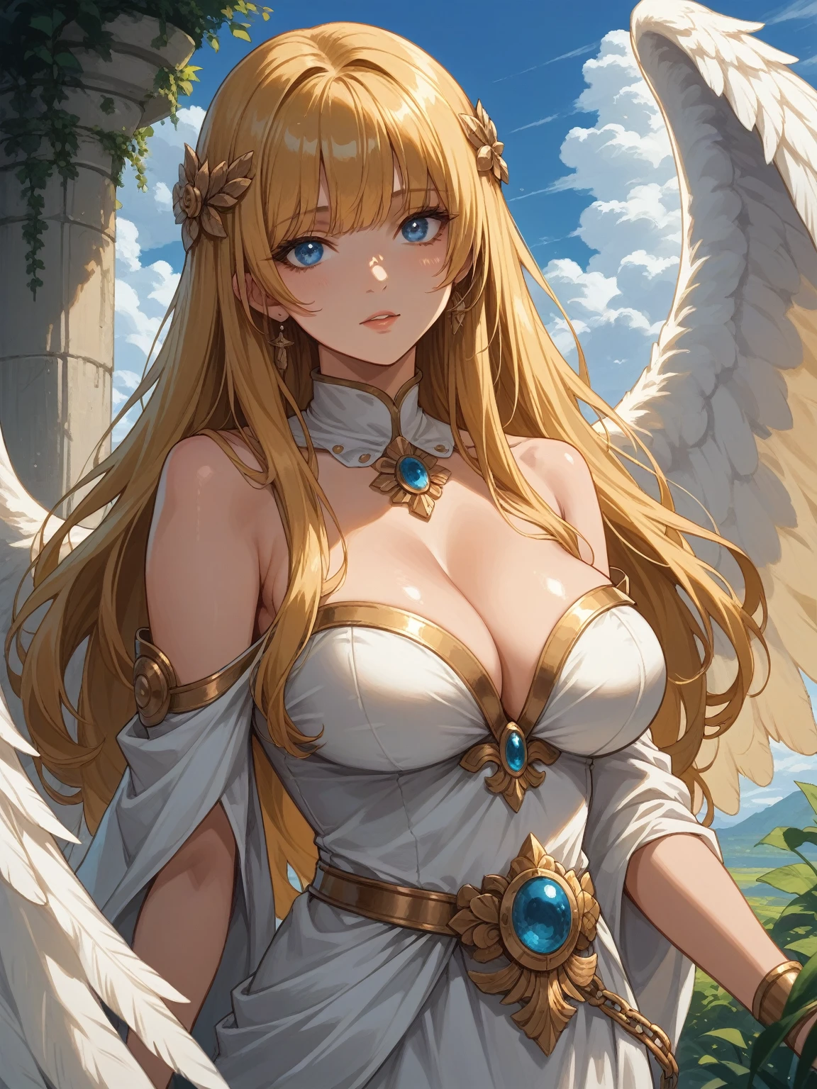 Masterpiece, very detailed, ultra-detailed, one, female angel, beautiful woman, beautiful woman - nice skin, long golden hair and long bangs, bright blue eyes, 6 white wings of Seraphim, and white women’s Greek clothes and a nimp above the head, with big breasts(huge), a lush and soft body, clouds and a white background around it