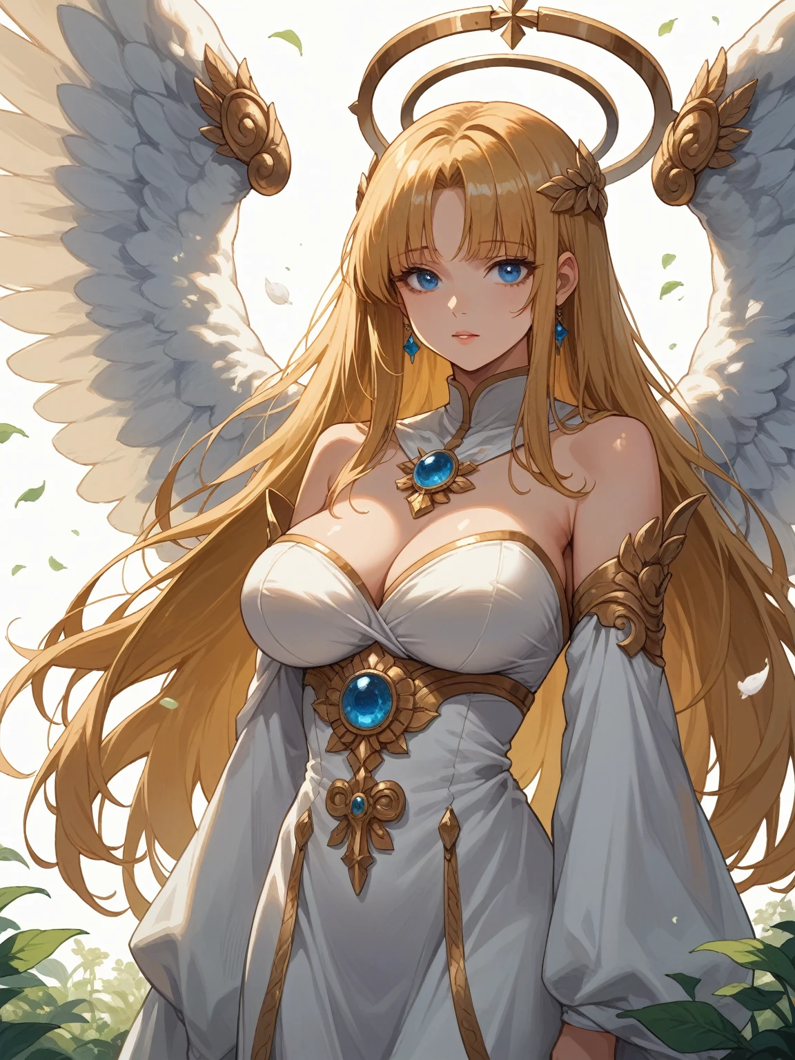 Photograph of the upper body of a beautiful woman, (nomal breasts, perfect body), Sharp focus, (proportional body , mature woman), ((Looking ahead)), (Highly detailed skin, hair follicles:1.4,),
( long hairstyles) blond hair, green eyes, angels , elf ears, fantasy (wear white cape), (white cloth), warriors , elegant, luxury, long skirts
wear accessories , wear crowns , and hold swords , large wings