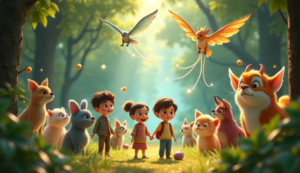 In 3D animation.Describe the relationship between the students and the magical creatures in the forest.