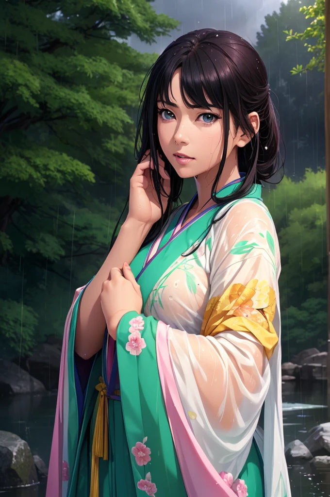 Heavy rain background、Field、in the forest、Walking in the river、On the run、In the fog、war (Highest quality,4K,8k,High resolution,masterpiece:1.2), Very detailed, (Realistic,Realistic,Realistic:1.37), High resolution, Hyper HD, Studio Lighting, Ultra-fine painting, Sharp focus, Physically Based Rendering, Very detailed説明, Professional, Vibrant colors, Bokeh, Sports Late Night, Ancient War Landscapes, Traditional Chinese Painting Techniques, Atmospheric lighting, Vivid color contrast, Ethereal atmosphere,Very detailed目と顔, Beautiful attention to detail, Light on the face,豪華なHanfu (Hanfu: 1.1),My whole body is wet、My clothes are wet and transparent、Nipples are visible、The nipples are pale pink、Dynamic pose、Rain clouds spreading across the sky、Heavy rain weather、Pouring rain、Wind and rain storm、((Soaked skin from head to toe))、((Rain-soaked clothes(Rain dripping from clothes))、((The lines of your body are clearly visible through your wet clothes...))、、Eye color is green、Tired look、Disheveled clothing、Slim figure、Small breasts