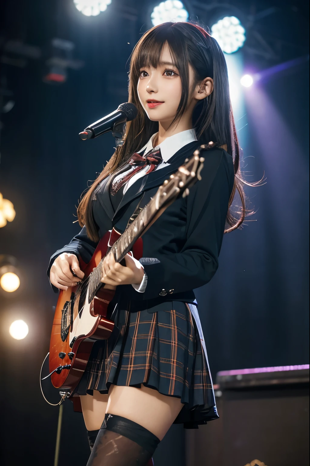High school girl blazer、uniform、Red checked knee-length skirt、Long skirt、JK Style、Jacket、smile、Knee-high socks、Thigh-high socks、pantyhose、Extremely beautiful、Super cute、ennui、Rare Beauty、Dark black eyeshadow、sad、Skin radiance、Long Hair Straight Hair、Dark Gothic Makeup、Dark Smile、Fragrant beauty、Stained glass background、masterpiece、Highest quality、See 5 books、Sweat glistening on my chest、Sweat glistening on the face、Small breasts、2、Slightly slim、Mysterious look、Sad look、Mysterious Gothic Church、enchanting castle、Excessive sweating all over the body、Thighsに大量の汗と光、光沢のあるThighs、Thighs、Thighsに大量の汗が光る、sweat profusely、Gal、Small breasts、Japanese face、Captivating look、細いThighs、play the guitar、I have a guitar、Enthusiastic singing、バンドでplay the guitar、Playing guitar chords、Background of the live music venue、Sing a song、Open your mouth、Scenery of a live music venue、Mike stand、Glamorous live stage、Dynamic Angles、Vivid straight long hair、delicate straight hair、