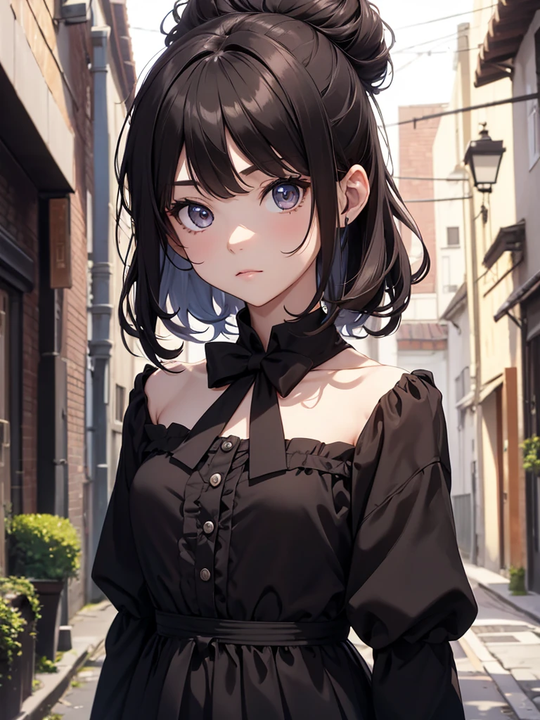 (8K, Best Quality, Masterpiece, Ultra High Resolution) Single Person, 1 Girl, Toddler, Young, Small Child, Cute Eyes, Face Details, Pale Skin, Slender, Short, Flat Chest, Dark Black Hair, Hair Buns, Brown Eyes, Hair Bow, Black Dress, Dark Alleyway, Best Quality, Upper Body, Looking at the Viewer, Facing Viewer, Close Up