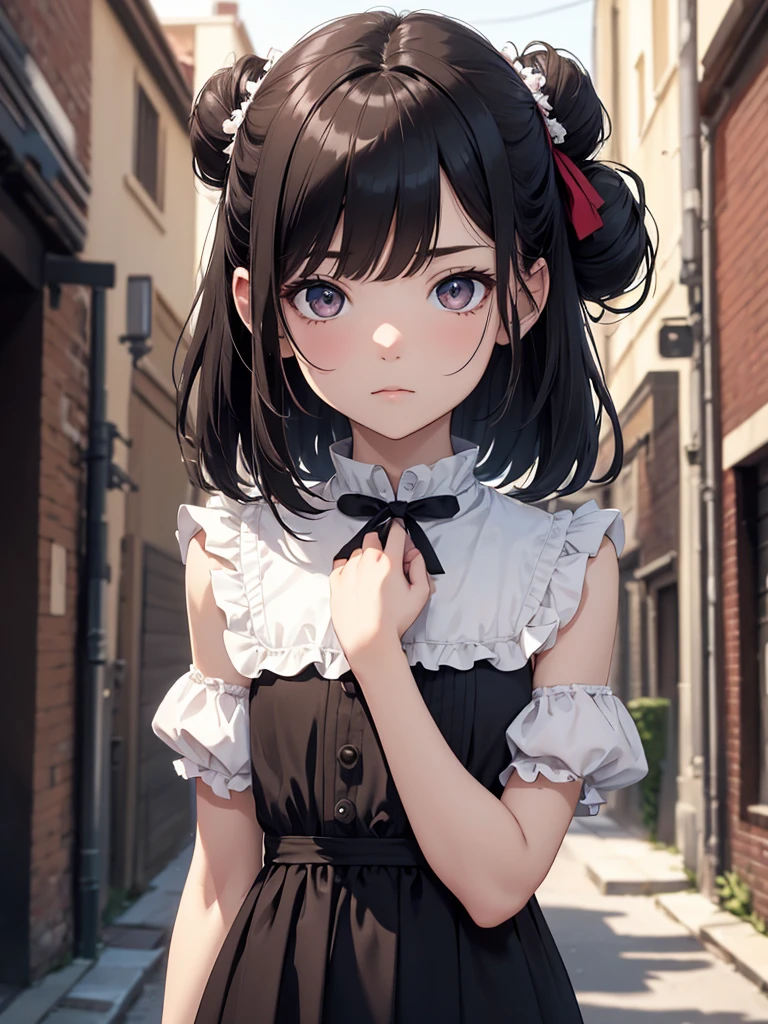 (8K, Best Quality, Masterpiece, Ultra High Resolution) Single Person, 1 Girl, Toddler, Young, Small Child, Cute Eyes, Face Details, Pale Skin, Slender, Short, Flat Chest, Dark Black Hair, Hair Buns, Brown Eyes, Hair Bow, Black Dress, Dark Alleyway, Best Quality, Upper Body, Looking at the Viewer, Facing Viewer, Close Up