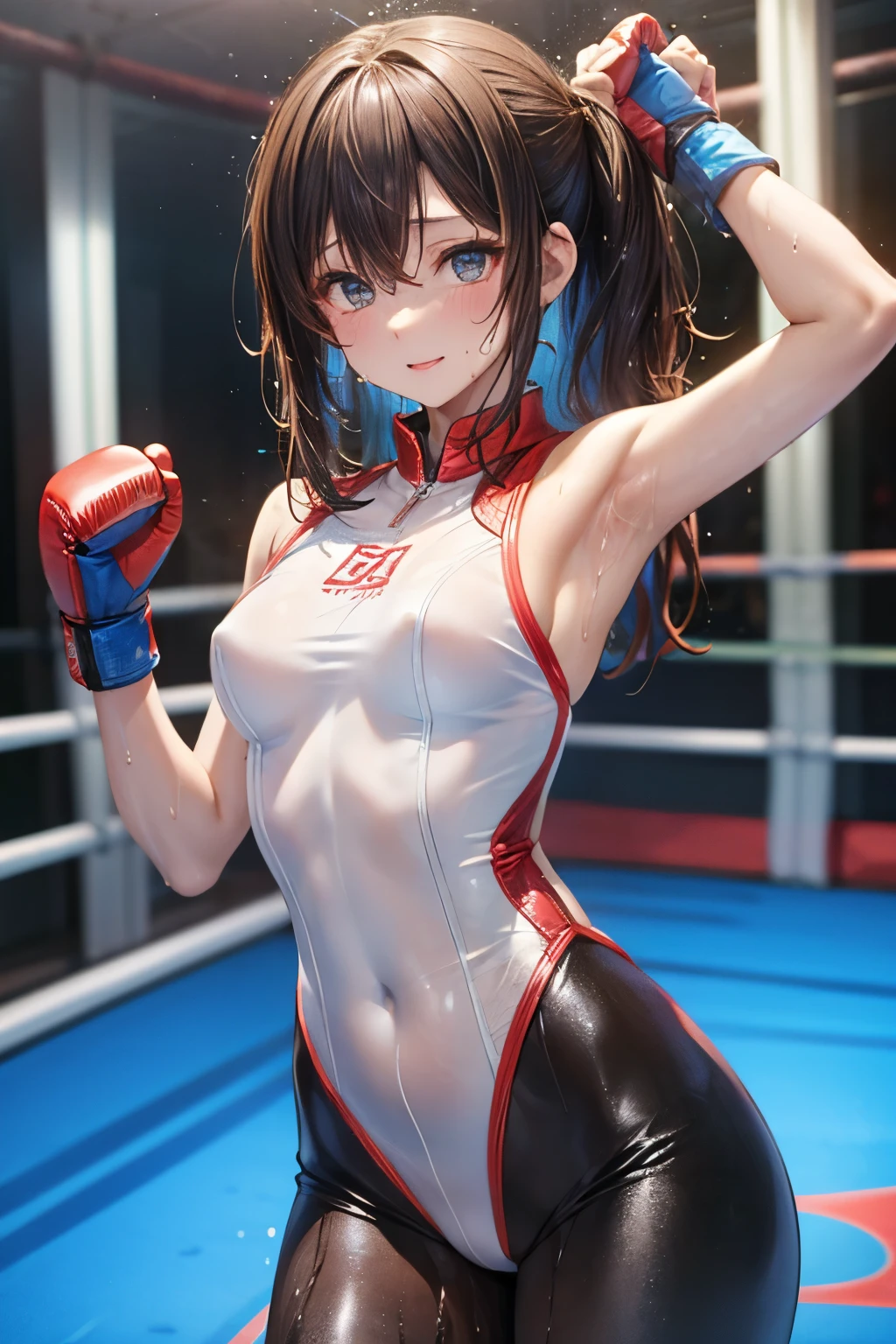 Tight-fitting bodysuit、leotard、Armpit、Mixed Martial Arts、Sweaty、Wet and see-through、Boxing gloves