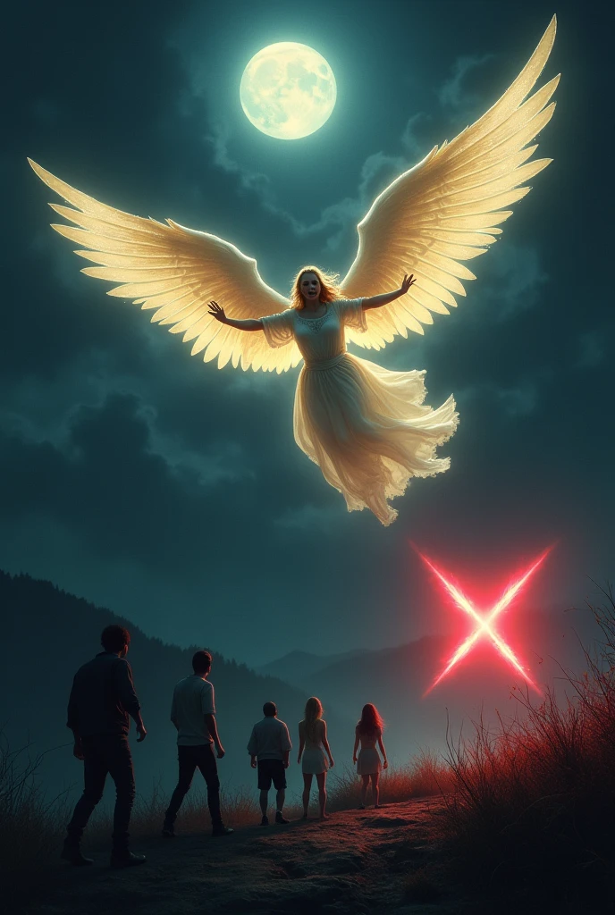 A dark night with a full moon, put a shining angel flying in the sky going after a red X and several scared people
