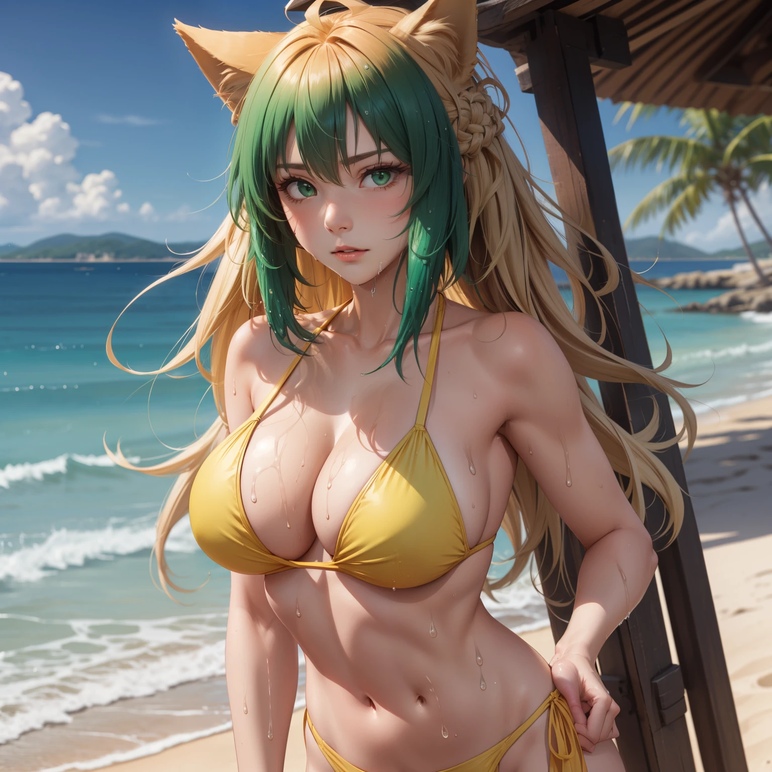 atalanta, women , blonde and green hair, green eyes like emeralds, embarrassed expression, big breasts, sexy yellow bikini, wet body, background a beach. big breasts,