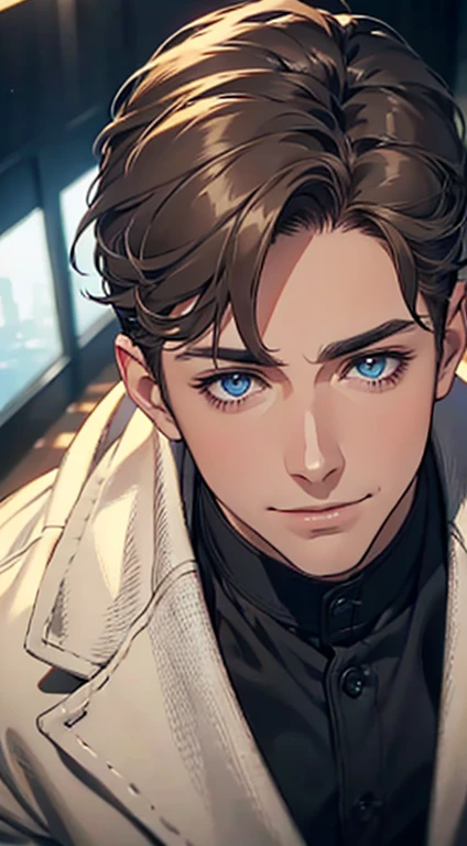 a mature man with short grey Brown hair, blue eyes, 34 years, and a perfect face, smiling in love, CEO, cinematic lighting, 1:4 HDR image, top view, ultra detailed, best quality, masterpiece, 8K, photorealistic, beautiful image