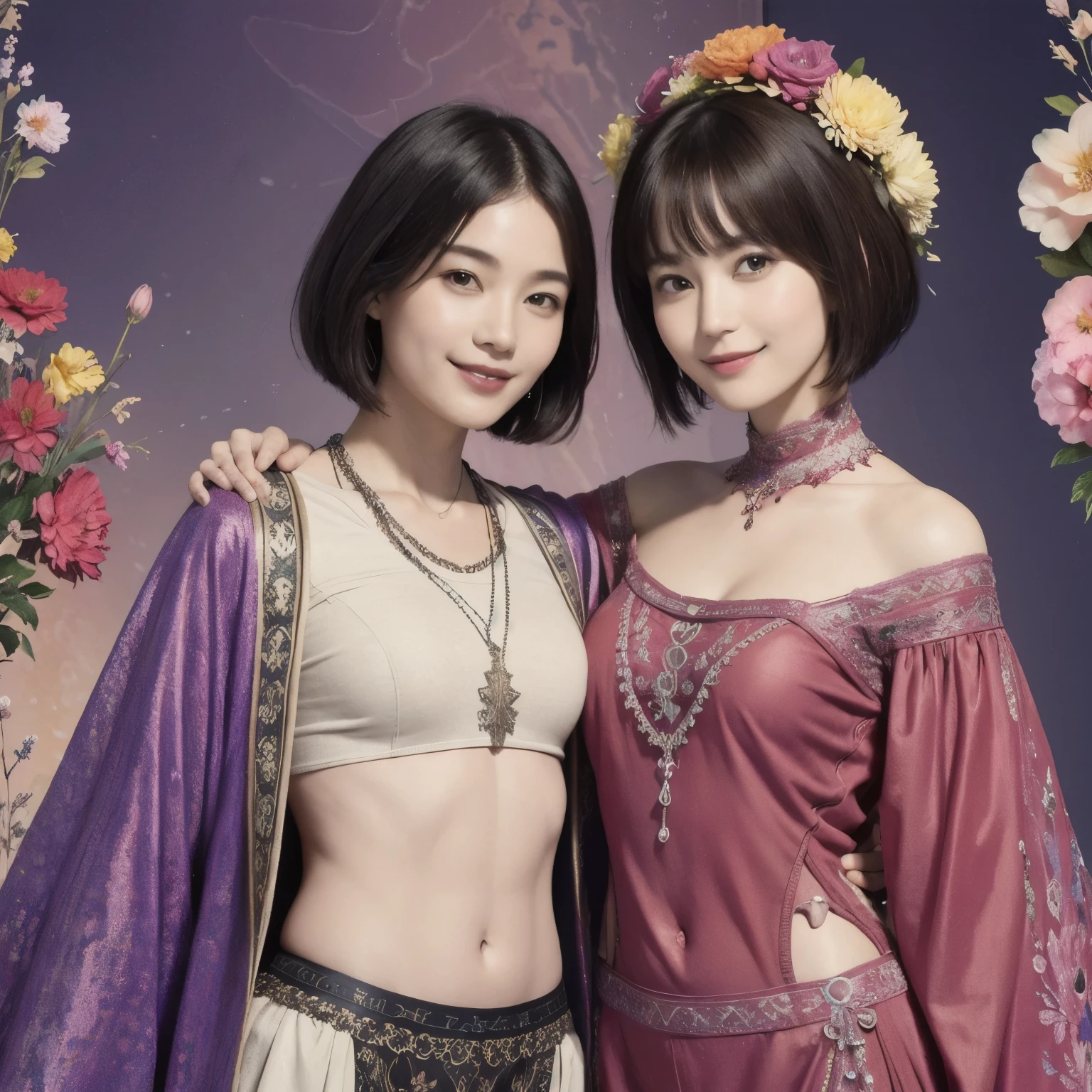 276 (20-year-old woman and man,short hair), Are standing, (beautiful:1.1), (Fractal Art:1.2), (Advanced backgrounds), (Many colors:1.4), (Old-fashioned smile), Abdominal muscles, flower