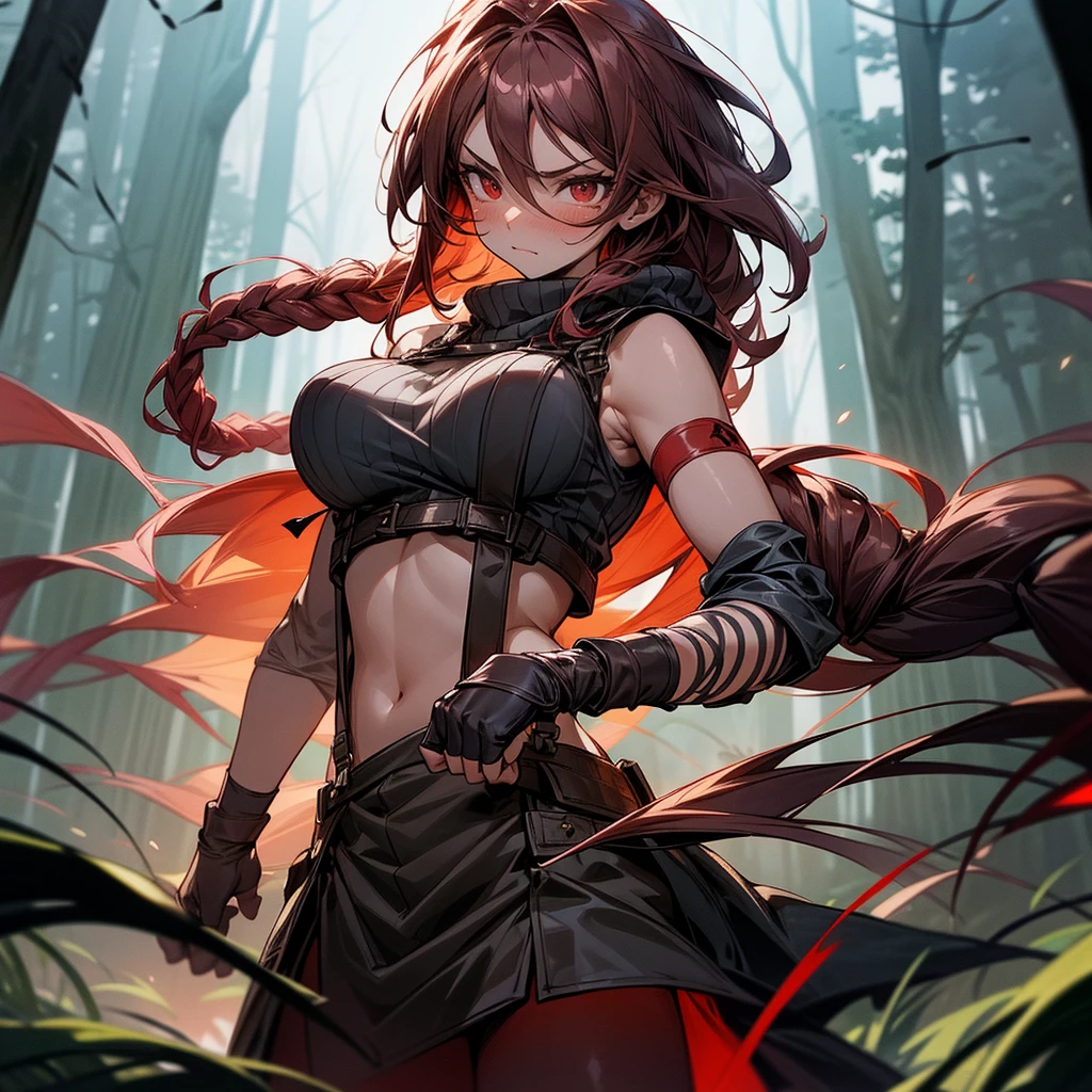 1female, sexy, big breast, young adult, finely detailed red eyes, wild long hair, braided hair, dark brown color hair, adventurer gear, suspenders, sleeveless crop top sweater, baggy combat skirt, night time, dark forest, somber expression, flowers, blushing, standing on path, lanturns, black armband, mma gloves