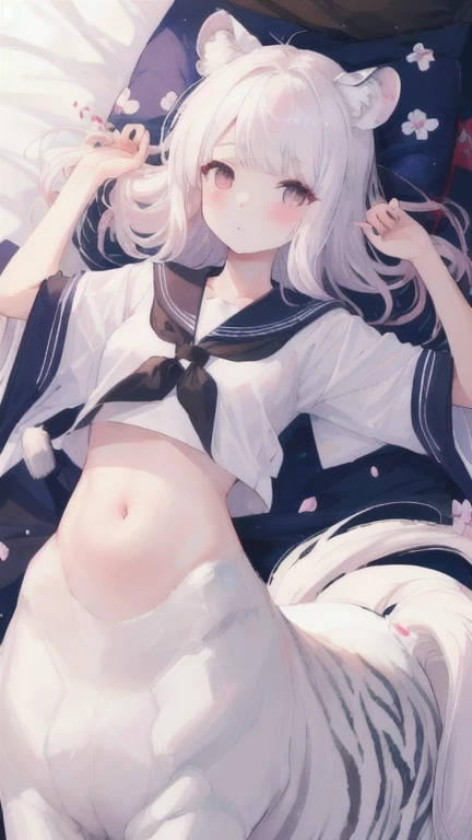 (best quality, masterpiece), 1 girl, centaur, I beg, White skin, Japanese schoolgirl,daughter,black pink, exposing the abdomen, belly button t-shirt , beautiful girl perfect, White tiger photo, 완벽한 White tiger photo