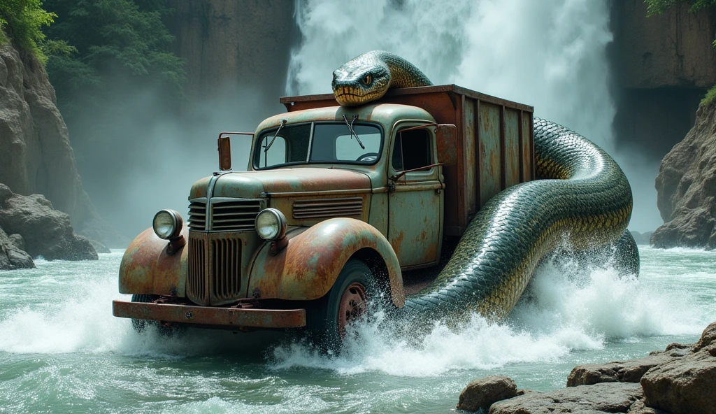 Prompt: "An old, battered truck struggles to cross a river at the base of a powerful waterfall, while a gigantic python emerges from the water, wrapping itself around the vehicle. The waterfall cascades down a rocky cliff, creating a sense of overwhelming force, as the serpent's scales glisten ominously in the misty air. The truck, with its rusted exterior, seems fragile against the immense power of nature and the looming threat of the snake. 16:9, high quality."