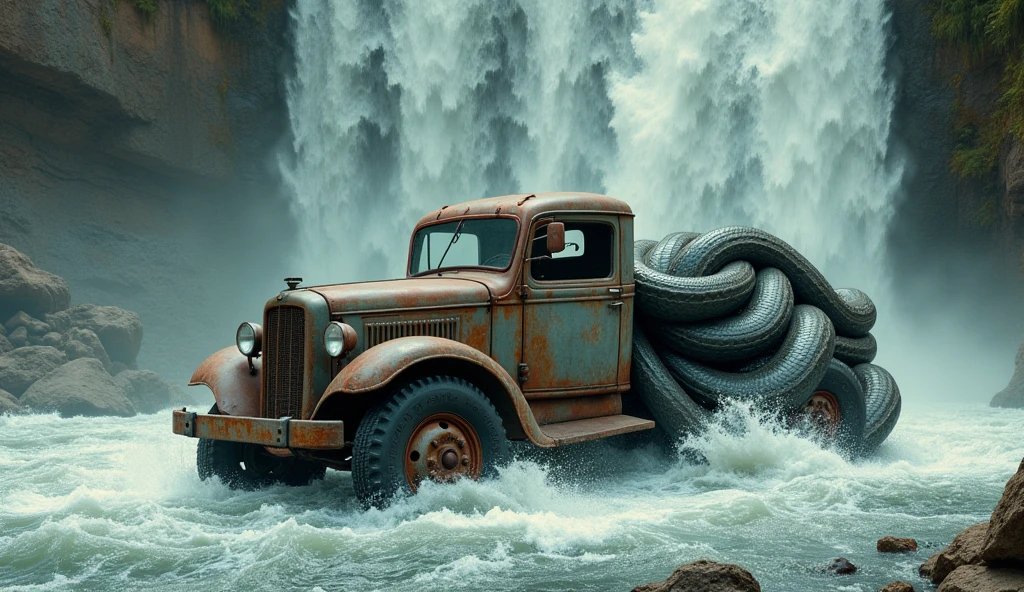 Prompt: "An old, battered truck struggles to cross a river at the base of a powerful waterfall, while a gigantic python emerges from the water, wrapping itself around the vehicle. The waterfall cascades down a rocky cliff, creating a sense of overwhelming force, as the serpent's scales glisten ominously in the misty air. The truck, with its rusted exterior, seems fragile against the immense power of nature and the looming threat of the snake. 16:9, high quality."