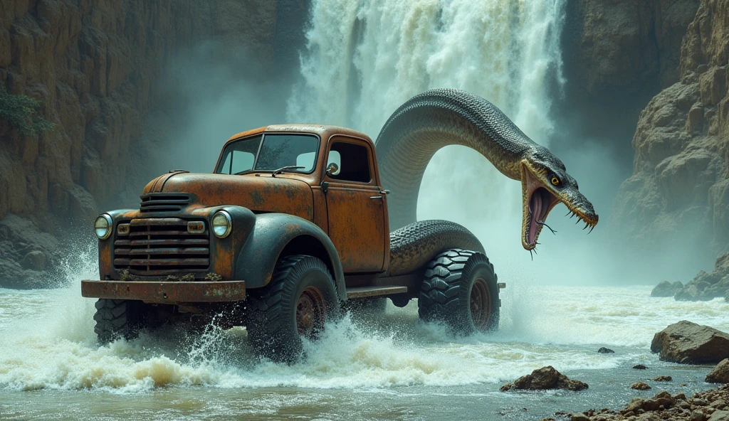 Prompt: "An old, battered truck struggles to cross a river at the base of a powerful waterfall, while a gigantic python emerges from the water, wrapping itself around the vehicle. The waterfall cascades down a rocky cliff, creating a sense of overwhelming force, as the serpent's scales glisten ominously in the misty air. The truck, with its rusted exterior, seems fragile against the immense power of nature and the looming threat of the snake. 16:9, high quality."