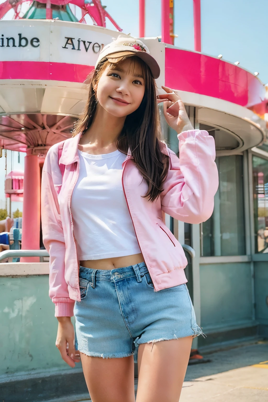 A high-resolution wide-angle photograph of a cheerful and cute model dressed in a white t-shirt with a pink jacket over it, paired with denim shorts. She is carrying a backpack in a color that complements her outfit and posing in front of a Ferris wheel at an amusement park. The photo is taken with a Canon R5 camera, ensuring that the entire image is in sharp focus, capturing the vibrant colors and the expansive, lively atmosphere of the park.