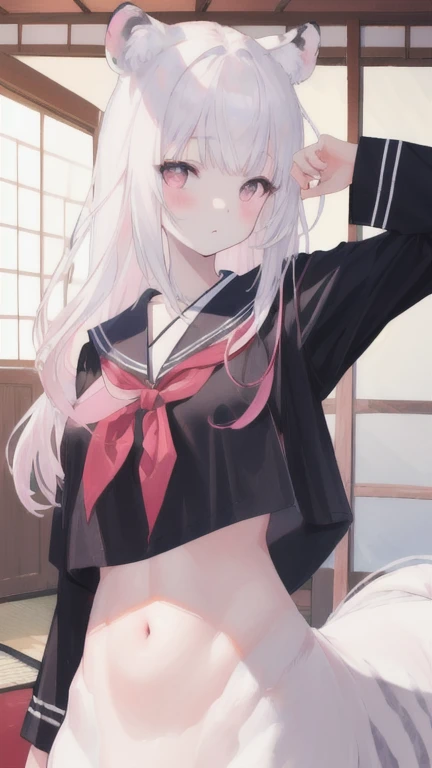 (best quality, masterpiece), 1 girl, centaur, I beg, White skin, Japanese schoolgirl,daughter,black pink, exposing the abdomen, belly button t-shirt , beautiful girl perfect, White tiger photo, 완벽한 White tiger photo
