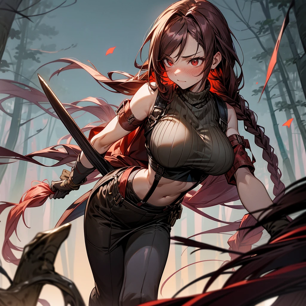 1female, sexy, big breast, young adult, finely detailed red eyes, wild long hair, braided hair, dark brown color hair, adventurer gear, suspenders, sleeveless crop top sweater, baggy combat skirt, night time, dark forest, somber expression, flowers, blushing, standing on path, lanturns, black armband, mma gloves