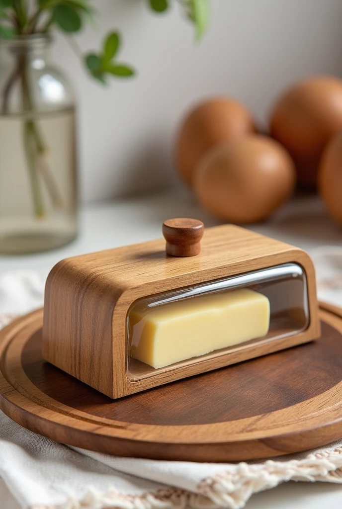 Create a wooden butter dish in which the cover of dish will be is made of wooden in which you add a acrylic mirror between cover in which the butter is easily visible from inside you add mirror only length side not in with with wooden border. Also add Wooden knob to pick.