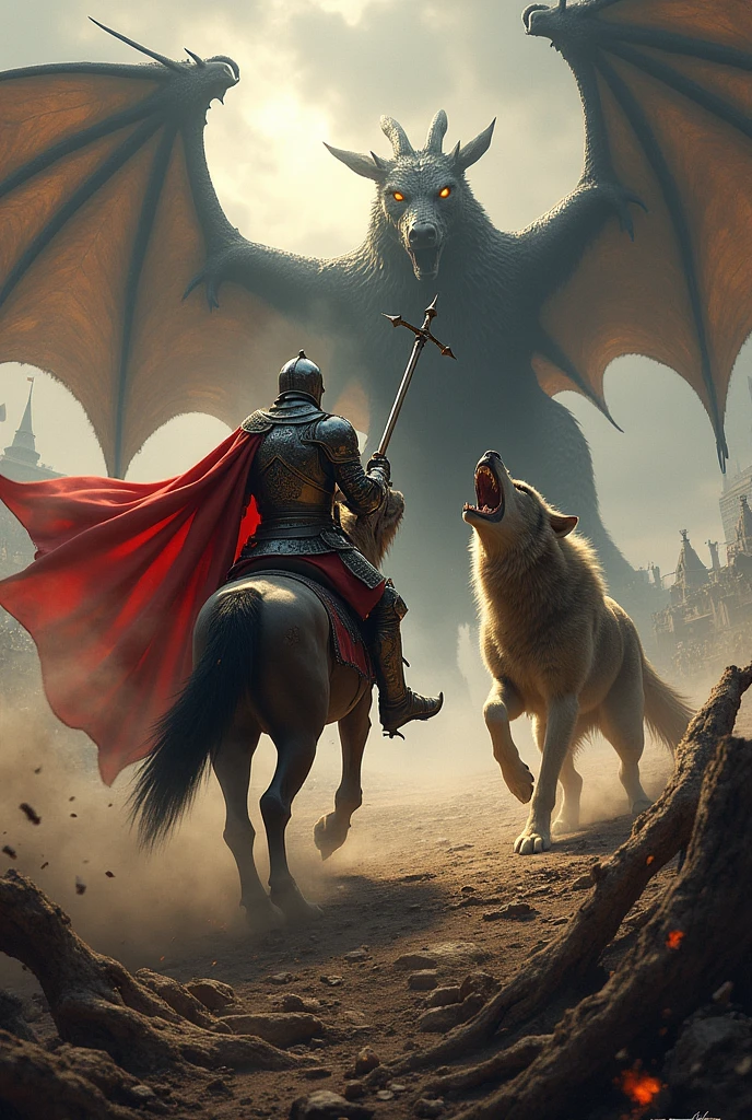 Imagine a powermetal album cover of a band called "Crimson Blade" with a medieval battlefield, a dragon and a knight in armor piercing a wild wolf with his lance