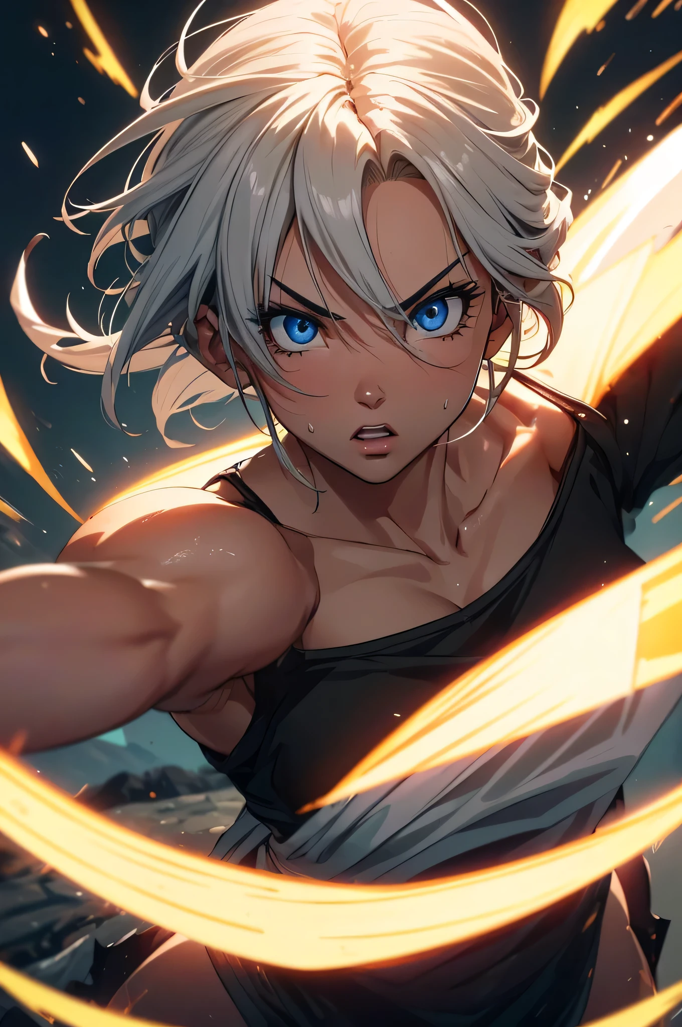 Highest quality,4K,High resolution,masterpiece:1.2), (Ultra-detailed), (Holding a sword:1.3) (Dynamic Art), (looking at the camera) (Dragon Ball Z setting), (Full body), (Realist,Photorealist,photo-Realist:1.37), (High resolution,High resolution), (Portraiture), (Vibrant colors), (Long legs), (A noticeably elongated face), (Wide range) (Beautiful Fine grain), (Beautifully detailed lips), (Highly detailed eyes and face), , Bright eyes Dynamic angles and postures, Soaked in sweat, Sweat, (Long eyelashes), (Sharp focus), (Physically Based Rendering), (Beautiful female warrior), (Mature Woman) (Leg spread), (intense), (expression of intense desire), (Motion Blur), (elegant), (Slim figure), (Inspired by anime), (Bright light), (Cinema Lighting), (Contrasting colors), (Mysterious atmosphere), (Action-packed scenes), (Unique Look), (impressive), (good looking), (Exciting), (Expressive), (Interesting atmosphere), (monster:1.4) ((Highest quality)),((Very detailed)),masterpiece,absurdes,Detailed face,Beautiful Face,(Fine grain, Deep Eyes),((Dynamic pose)), (((White-haired beauty,Inspired by Akira Toriyama))),Iron Bikini Armor,Inside the cave,Fighting with monsters,