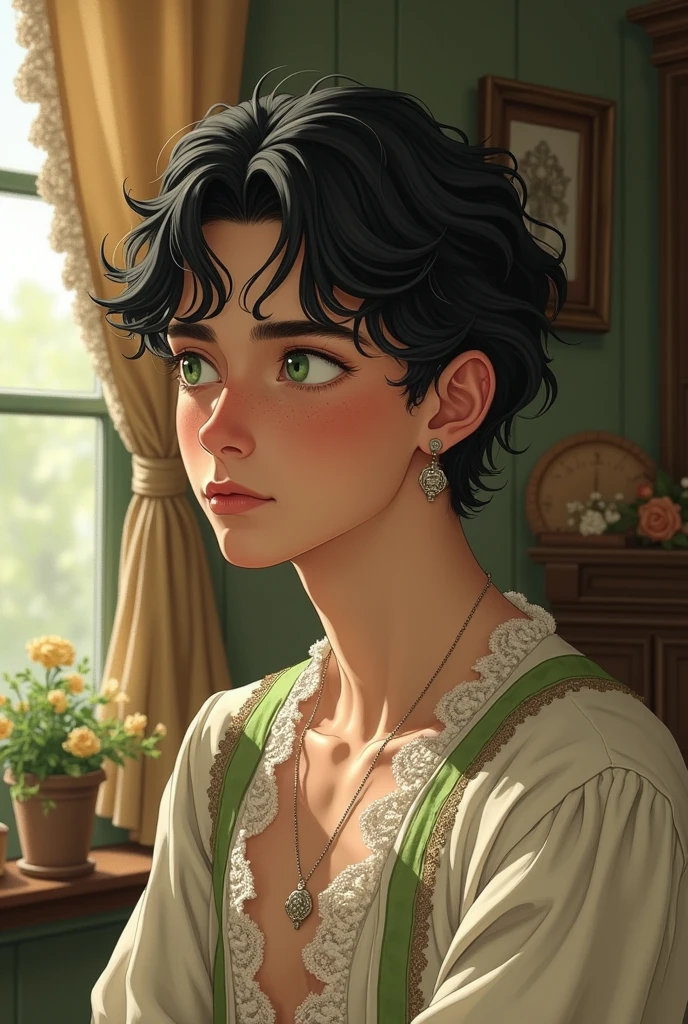 generate an image of an effeminate man with black hair, green eyes and freckles at the time of "Anne with an E" and with drawing style.