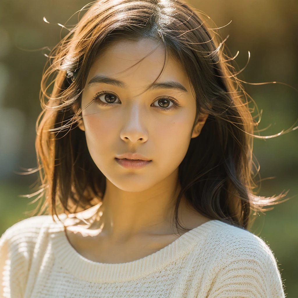 A hyper-realistic image of a single Japanese woman in her early 20s, captured with the nostalgic warmth and subtle graininess of a film camera. Her skin has a warm beige tone with a natural, slightly rough texture that includes visible pores, fine lines, and subtle imperfections such as small blemishes, adding to the authenticity of her appearance. The soft, diffused natural light enhances the film-like quality, casting gentle shadows that create a timeless, organic feel. Her straight, glossy black hair frames her face in a natural, slightly tousled manner, and her deep brown eyes reflect the ambient light, adding depth and emotion. The film camera effect introduces a slight grain and a softer focus, giving the image a warm, nostalgic atmosphere while maintaining the realistic texture of her skin. She is dressed simply, in a way that complements her natural beauty, with the overall composition designed to evoke a sense of genuine, understated elegance. The use of natural light, combined with the deliberately rougher texture of her skin and the film-like qualities, ensures that this image captures the imperfections that make her beauty truly lifelike, focusing solely on this one individual.