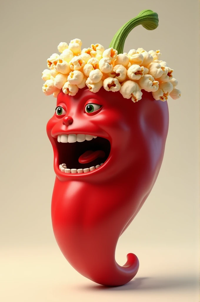 Big red chili has a mouth, wearing a popcorn crown