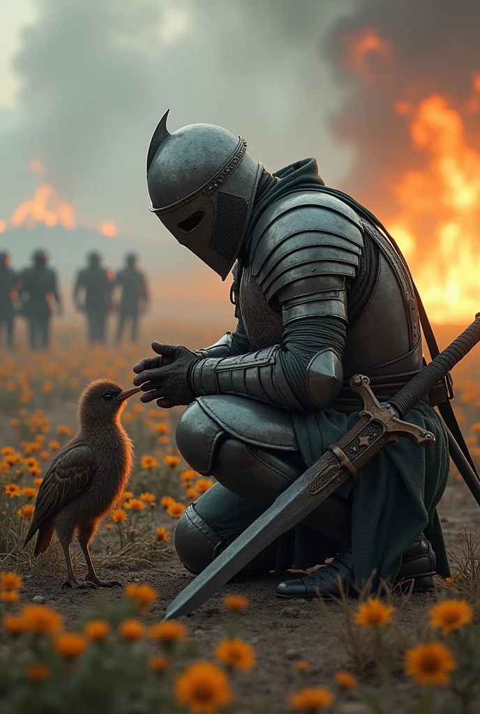 Medieval warrior with helmet covering his entire face (minute details in the armor which is of a general), on your knees and slightly crouched, leaning on his sword,  watching a kiwi (the kiwi bird) and closing the beak of the kiwi with the fingers of his left hand, in a field of flowers, which are burning in the background, since they are in a war field, with corpses in the distance