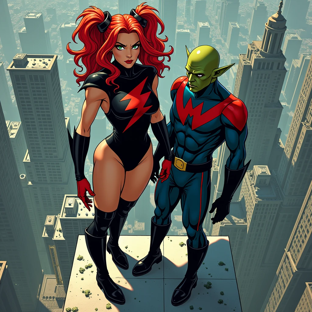 in the style of a dramatic comic book create a digital image of Vivian and Multox posing together in a dramatic fashion from the top of a building, overlooking a city. Vivian is a supervillain with bright red hair in puffy pigtails, green eyes, long lashes, freckles, and a strong jaw, she wears a black leotard with long sleeves and a red lightning bolt on her chest, long black boots and long red gloves. She has a muscular but feminine physique exuding great strength as well as beauty. Multox is a super villain who is a small green man with sharp ears and a round bald head. he wears a navy blue uniform with a red 'M' on his chest, with black boots and black gloves.