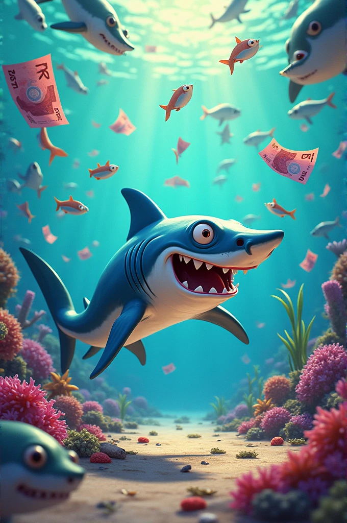 have writing "Touch n Go you Padu",picture of a shark,anchovies,Duit ringgit malaysia,disney pixar cartoon.