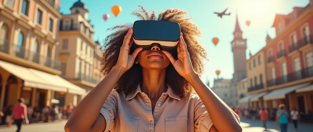 Create an image of a woman with curly hair holding a VR headset close to her face, displaying a scene of traveling abroad. The VR lenses show her in a famous tourist destination, like a European city square, interacting with locals or admiring landmarks. The woman is dressed in comfortable, travel-friendly clothing, looking relaxed and joyful. The background includes elements that reflect the beauty and excitement of travel, with bright, sunny weather, historic buildings, and a vibrant atmosphere. Hot air balloons and an airplane can be seen in the sky, enhancing the feeling of exploration and adventure