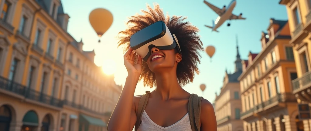 Create an image of a woman with curly hair holding a VR headset close to her face, displaying a scene of traveling abroad. The VR lenses show her in a famous tourist destination, like a European city square, interacting with locals or admiring landmarks. The woman is dressed in comfortable, travel-friendly clothing, looking relaxed and joyful. The background includes elements that reflect the beauty and excitement of travel, with bright, sunny weather, historic buildings, and a vibrant atmosphere. Hot air balloons and an airplane can be seen in the sky, enhancing the feeling of exploration and adventure