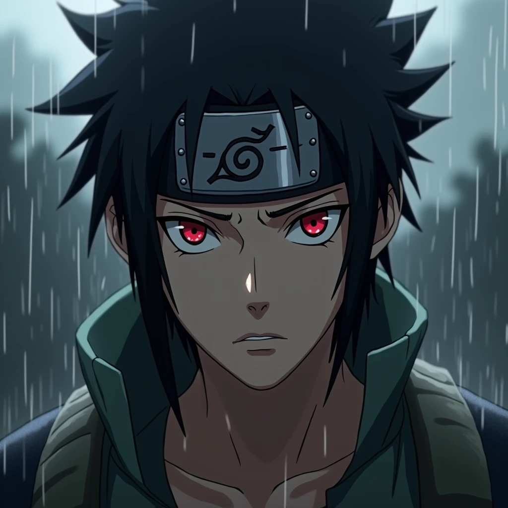whole body,masterpiece, Highest quality, detailed, One person, good looking,male,View your viewers, sasuke,realistic heavy rain,Red eyes,Black Hair,Headband with realistic leaf details,Realistic eyes,nose is real,realistic mouth,Skin Real,Realistic Face,realistic head,Bodyial, cinematic background art,Backpack,big eyes sharp, Realistic, photo shoot