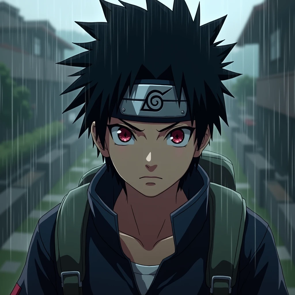 whole body,masterpiece, Highest quality, detailed, One person, good looking,male,View your viewers, sasuke,realistic heavy rain,Red eyes,Black Hair,Headband with realistic leaf details,Realistic eyes,nose is real,realistic mouth,Skin Real,Realistic Face,realistic head,Bodyial, cinematic background art,Backpack,big eyes sharp, Realistic, photo shoot