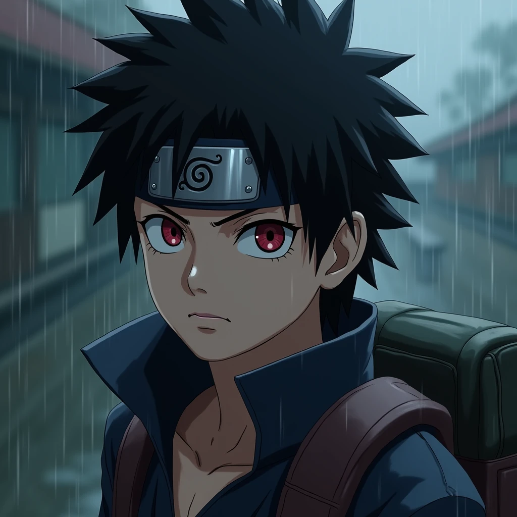 whole body,masterpiece, Highest quality, detailed, One person, good looking,male,View your viewers, sasuke,realistic heavy rain,Red eyes,Black Hair,Headband with realistic leaf details,Realistic eyes,nose is real,realistic mouth,Skin Real,Realistic Face,realistic head,Bodyial, cinematic background art,Backpack,big eyes sharp, Realistic, photo shoot