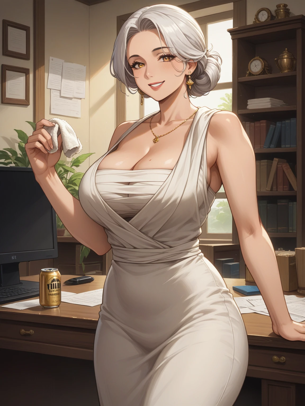 Masterpiece, very detailed, ultra-detailed, one (1 woman), she is naked, with a towel around her neck, with a can of beer in her hand and in a relaxed position, super mature, tall, mom, mature mother, short hair (bob), straight hair, bright white hair, beautiful, charming, bright golden eyes and with a pirate bandage on one eye, elegant, big breasts (huge), cheerful smile, bold smile, charming, she stands against the background of a luxurious office, relaxed atmosphere.