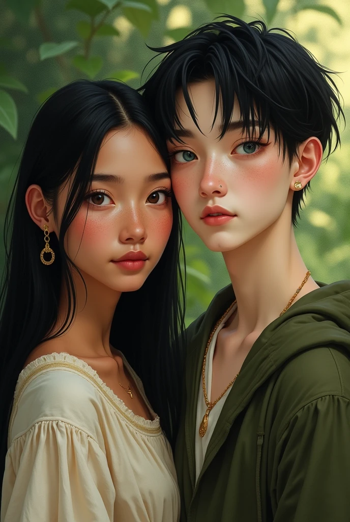 indigenous woman with straight hair and freckles on her face, behind her a man with black hair and white skin and has heterochromia