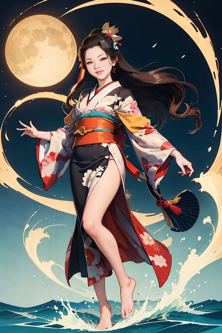 (SeaArt creates stunning illustrations of beautiful women in kimono)、Vividly colored Japanese Ukiyo-e style illustrations、A beautiful woman smiles and shows her upper white teeth、Brown-black long hair、Beautiful full body style、Let&#39;s dance a little Tokyo Ondo Yoiyoi、Beautiful new digital paintings,、Bright vibrant digital anime art、 Beautiful anime portraits、background、Torii gate of the Japan shrine、 Detailed digital anime art、