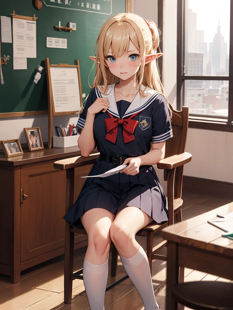 ((Highest quality)), ((masterpiece)), (detailed), School Reception Room、Elf Girl、Sailor suit、Sitting in a chair、Bad mood、Her mother is making excuses.